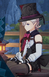 a girl wearing a top hat is sitting on a bench