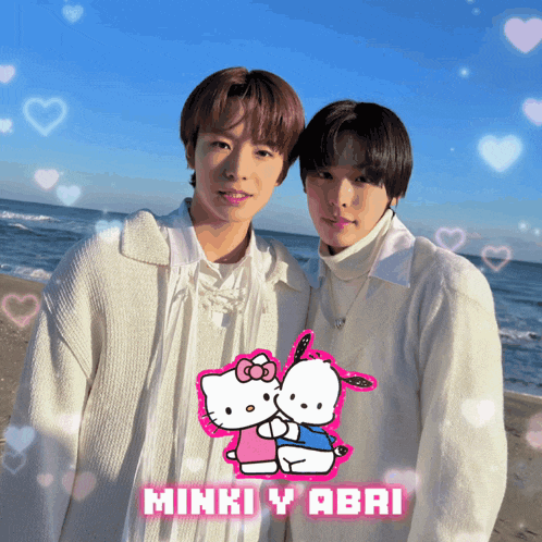 a picture of minki y abri and hello kitty on the beach