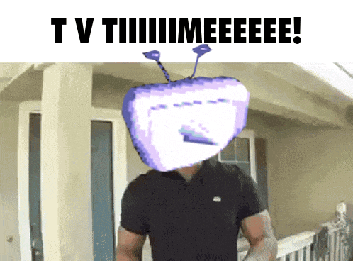 a man standing in front of a house with a tv head on his head and the words tv tiiiiiiimeeeee