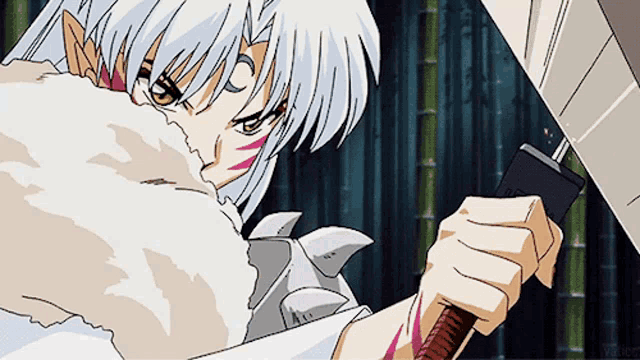 a cartoon of a man holding a sword with a furry coat on
