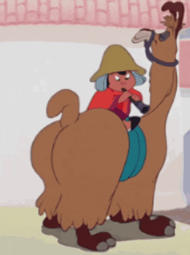 a cartoon character is riding on the back of a large camel