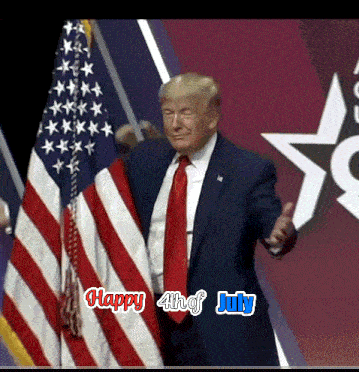 a man in a suit and tie stands in front of an american flag with the words happy 4th of july
