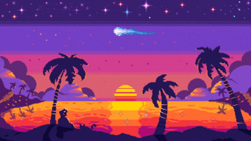 pixel art of a sunset with palm trees and a comet