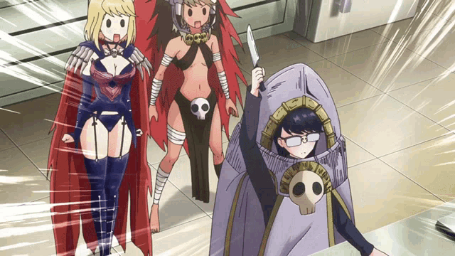 a girl in a skull costume is holding a knife while standing next to two other girls