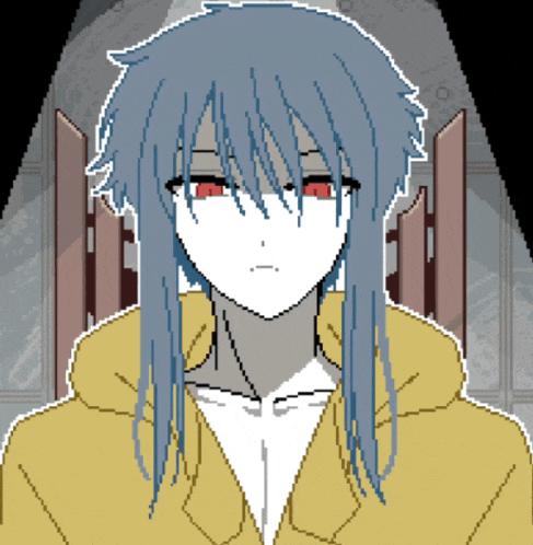 a pixel art drawing of a girl with long blue hair