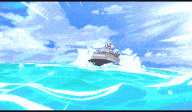 a cartoon drawing of a ship floating on top of a body of water