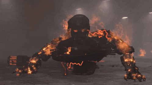 a statue of a robot is burning in a dark room with flames coming out of it