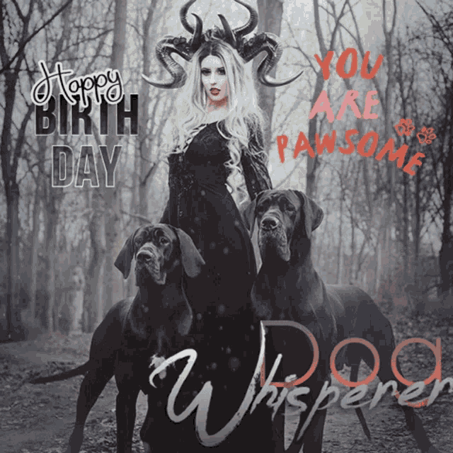 a birthday card with a woman and two dogs