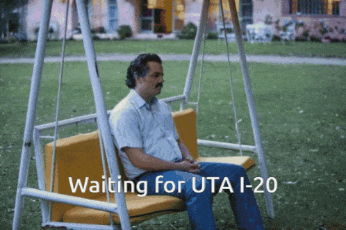 a man is sitting on a swing with the words waiting for uta 1-20 written below him