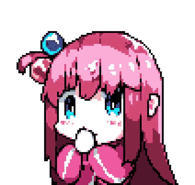a pixel art drawing of a girl with long pink hair