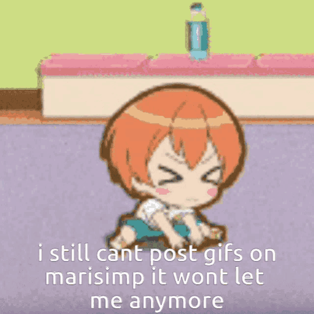 a cartoon of a girl sitting on the floor with the words " i still cant post gifs on marisimp "