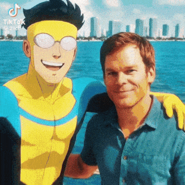 a man and a cartoon character are posing for a picture .