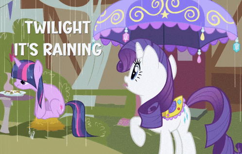 twilight sparkle and rarity are standing in the rain holding an umbrella