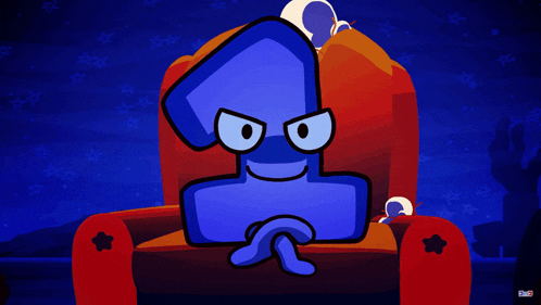 a blue cartoon character is sitting in a red chair with a star on it