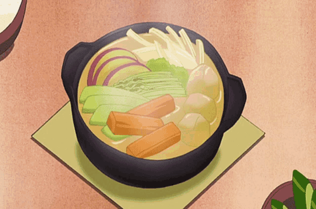 a cartoon drawing of a pot of soup with carrots and other vegetables