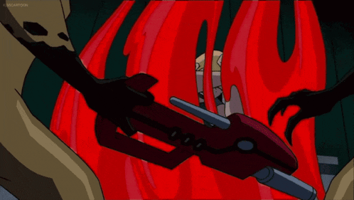 a cartoon character is holding a red gas pump in front of a red background