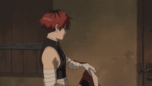 a person with red hair and bandages on their arms is standing in front of a wooden door