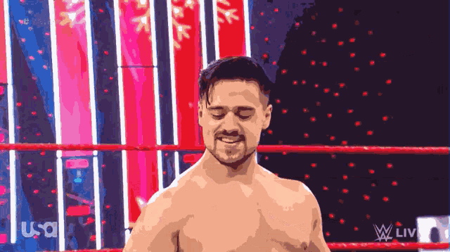a shirtless wrestler in a wrestling ring with the usa logo behind him