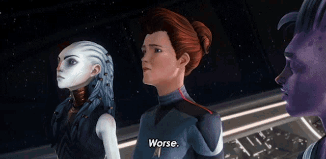 three animated characters are standing next to each other and one of them is saying worse .