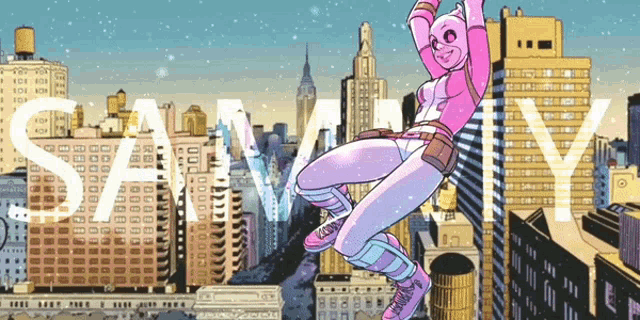 a cartoon drawing of a woman flying over a city with the word savvy in white letters