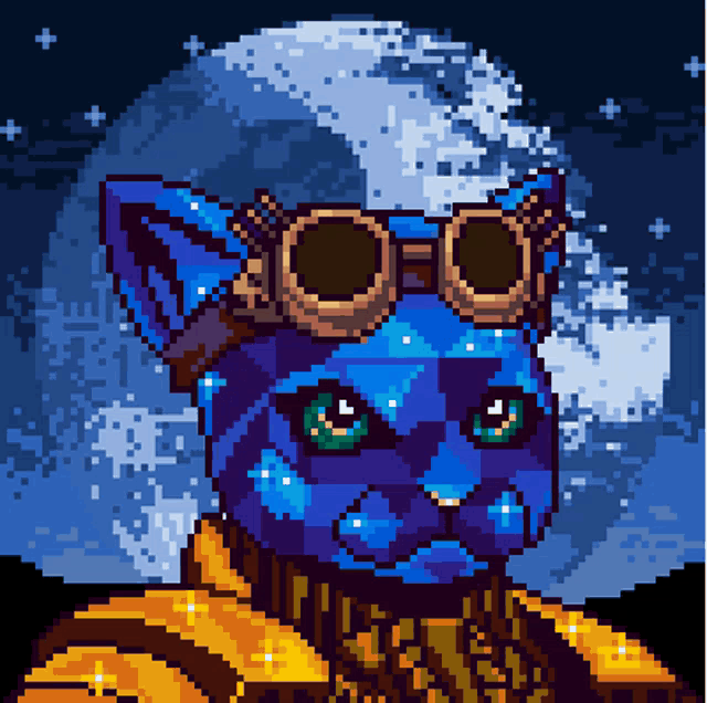 a pixel art drawing of a blue cat wearing sunglasses