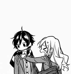 a black and white drawing of a boy and a girl standing next to each other with a backpack .