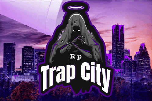 a logo for trap city with a purple skyline in the background