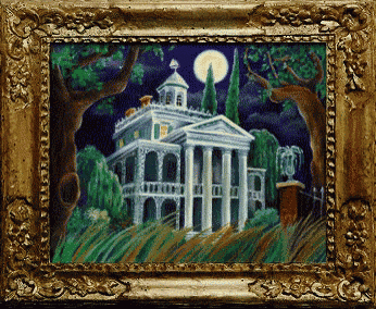 a painting of a haunted house with a full moon behind it