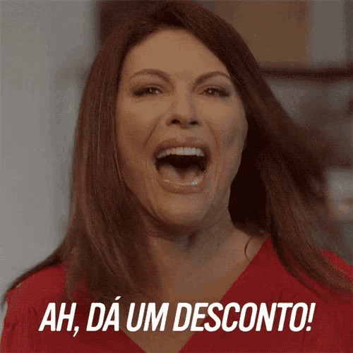 a woman with her mouth wide open and the words ah da um desconto