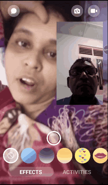 a woman and a man are having a video call with effects and activities buttons visible
