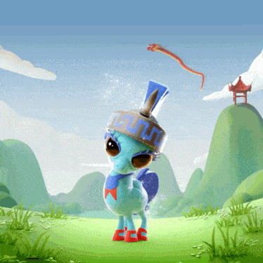 a cartoon pony wearing a helmet with a greek key design