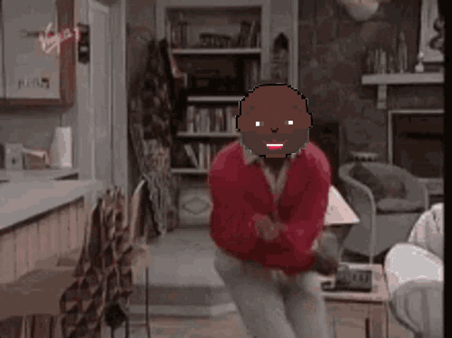 a pixel art of a man dancing in a living room .
