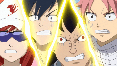 a group of anime characters with one wearing a hat that says fairy tail