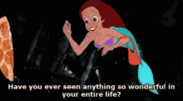 a cartoon of a mermaid holding a large slice of pizza