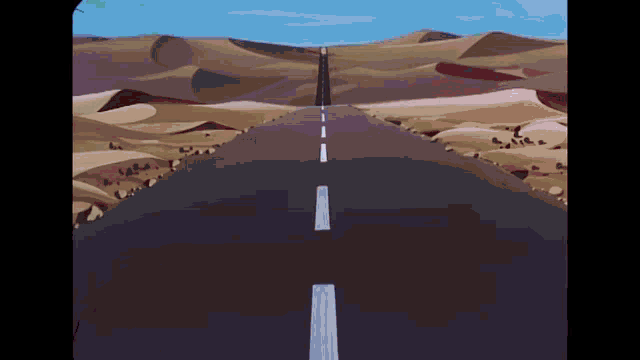 a cartoon drawing of a desert road with sand dunes in the background