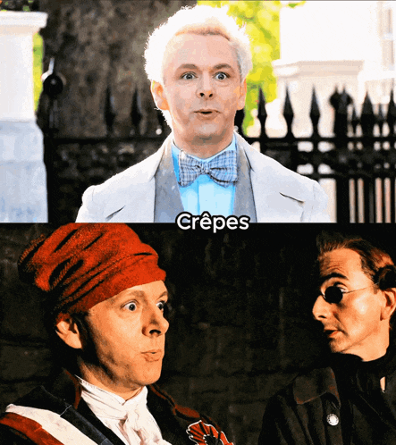 a man in a bow tie is next to a man in a red hat with the word crepes written below him