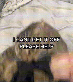 a cat laying on a bed with the words " i cant get it off please help "