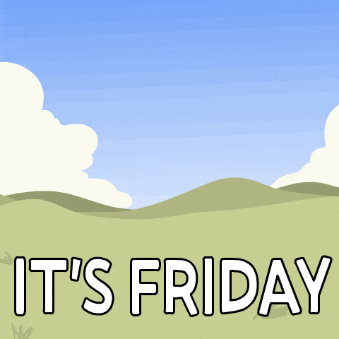 a cartoon of a bird standing in a field with the words it 's friday below it
