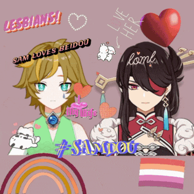 a picture of two anime characters with the words lesbians and sam loves beidou on it
