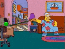 a cartoon of homer simpson sitting on a couch in a living room holding a sword .
