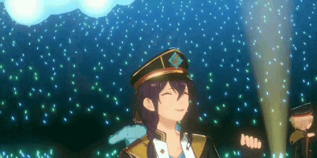 a girl in a military uniform is smiling in front of a blue sky filled with stars .