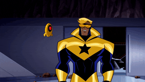 a cartoon character with a black star on his chest is standing in front of a door