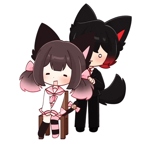 a cartoon of a girl sitting on a chair next to a black cat