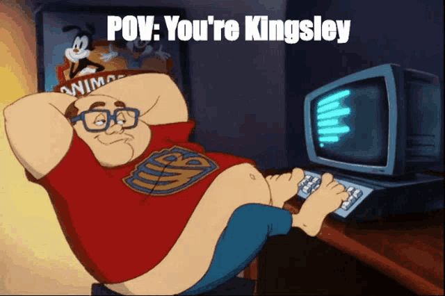 a cartoon of a man sitting in front of a computer with the words pov you 're kingsley above him