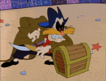 a cartoon character is holding a treasure chest and a knife