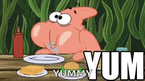 patrick star from spongebob squarepants is sitting at a table with a plate of food and a bottle of ketchup .