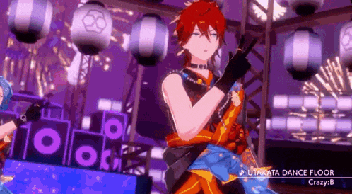 a video game character is dancing on a dance floor with fireworks in the background