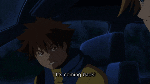 two anime characters are sitting in a car and one of them is saying damn