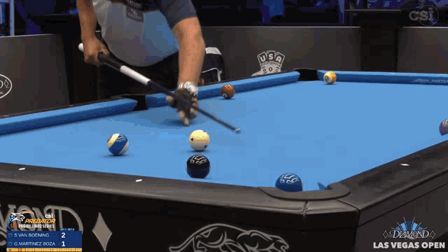 a pool table with a csi logo on the wall