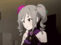 a girl with a pink flower in her hair is wearing a purple dress and a black top .